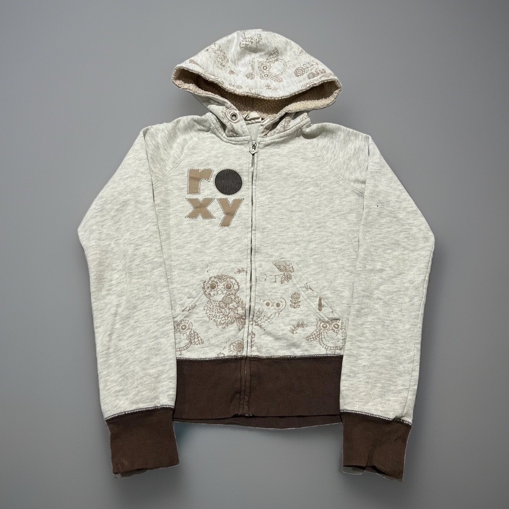 Vintage Roxy Love Womens Light Gray Y2K Surf Owl Garden Graphic Zip-Up Hoodie S